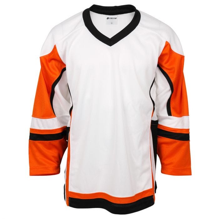 Stadium Adult Hockey Jersey - in White/Orange/Black Size Goal Cut (Intermediate)